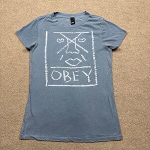 Vintage Y2K Obey Graphic T Shirt Women's Size L Blue V Neck Short Sleeve Stretch